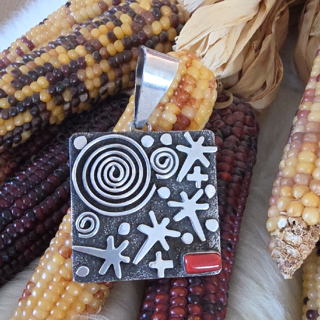 Gorgeous Native American Navajo Coral & Sterling Pendant By Alex Sanchez